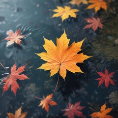 Obraz premium Blurred background with a single maple leaf floating in the center of a still and clear body of water in autumn, peaceful lake, blurred autumn, serene landscape