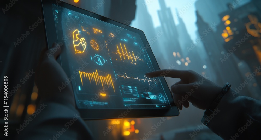 Poster Futuristic tablet displaying data graphs and charts in a cyberpunk city.