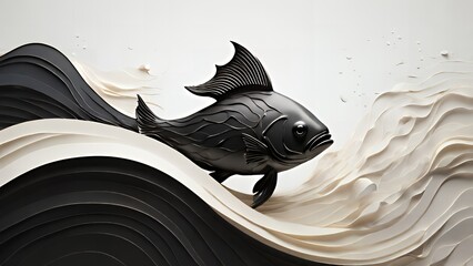An abstract fish illustration inspired by ripples in water. Smooth flowing curves and angular accents form a sleek, minimalist design on a white background.

