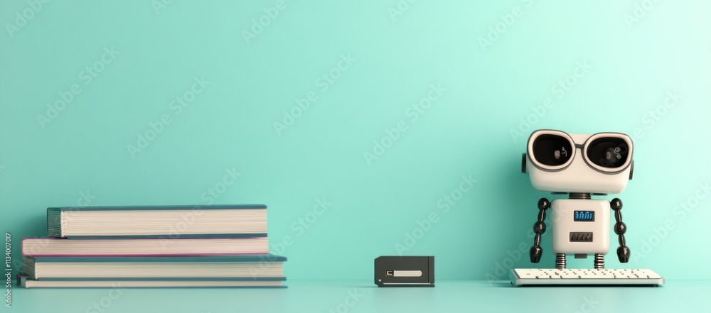 Poster Robot with books and keyboard on teal background.
