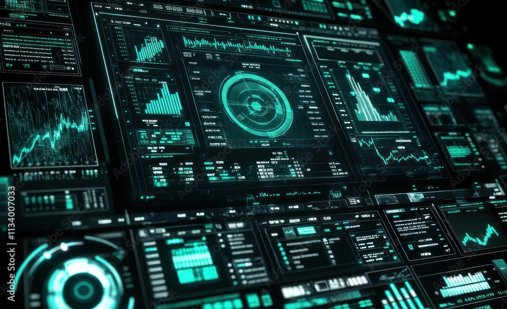 Poster futuristic digital dashboard with graphs, charts, and data.
