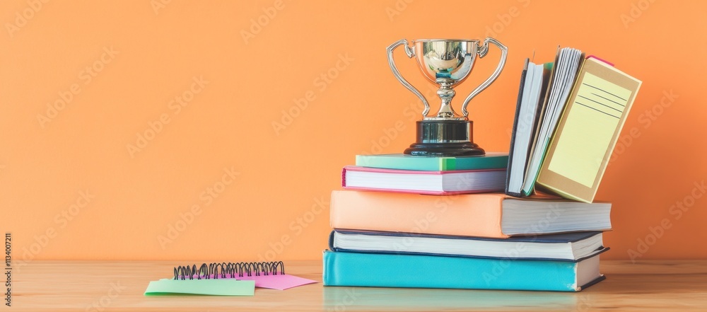 Aufkleber trophy on stack of books and notebooks.