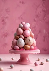 Speckled chocolate eggs displayed on a pink pedestal, Easter decoration, festive centerpieces