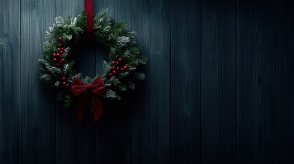 Fototapeta premium A beautifully decorated Christmas wreath with red berries and a matching bow hangs against a dark wooden background, creating an elegant festive atmosphere, Ideal for holiday-themed projects or decor
