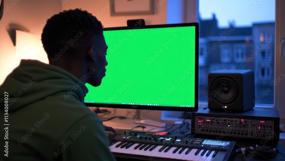 Poster Man using green screen computer.