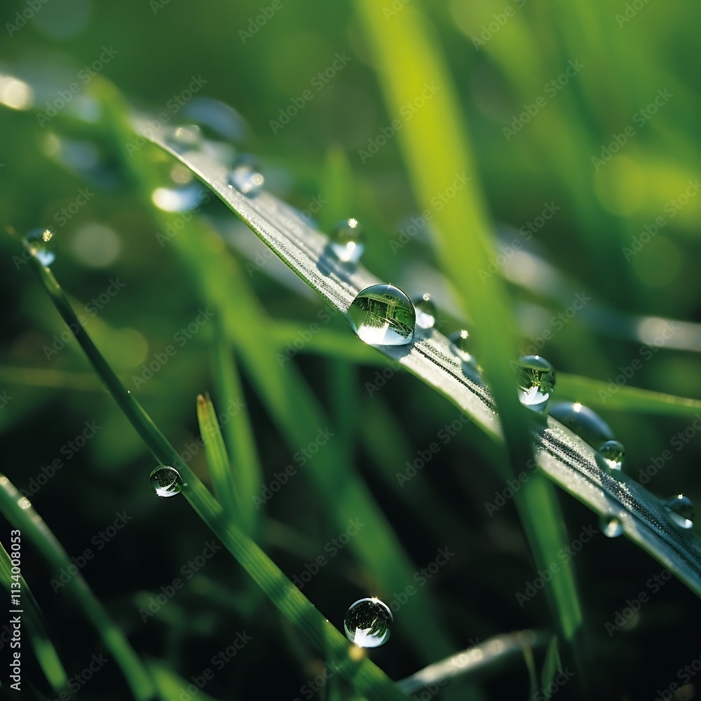 Poster closeup shot of a single blade of grass with sparkling morning dew droplets highlighting the intrica
