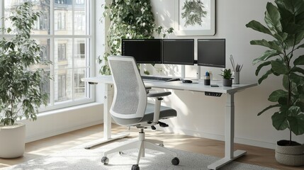 modern white home office setup with ergonomic chair and plants
