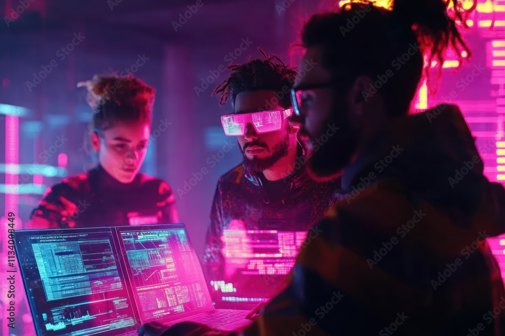 Poster Diverse programmers collaborate on coding project in vibrant neon-lit office.