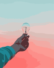 Minimalist hand holding a lightbulb against a pastel gradient sky, symbolizing ideas and innovation