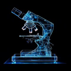 A microscope in a laboratory, set against a black background with dark blue lighting.