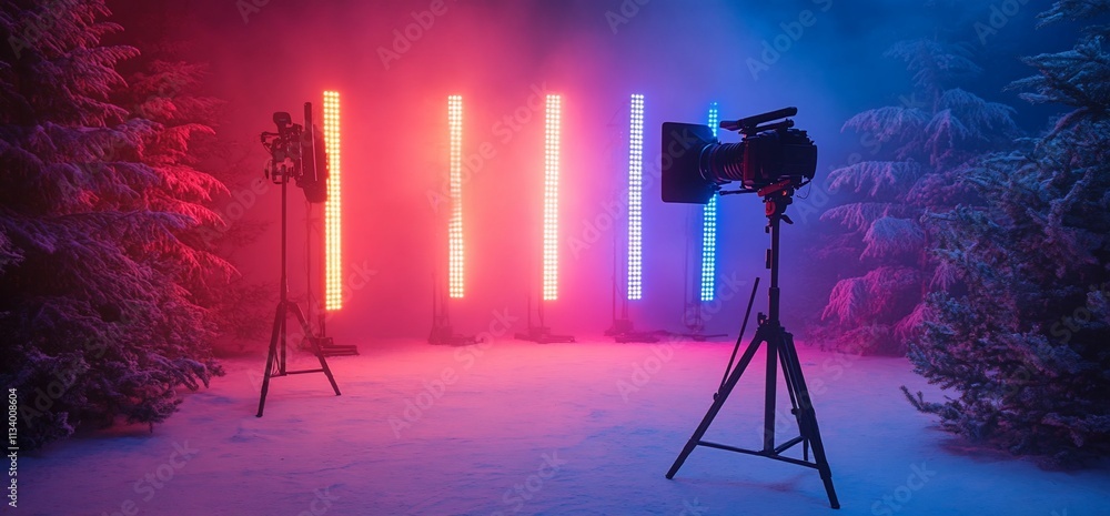Poster a winter scene with colorful lights and cameras for a photoshoot setup.