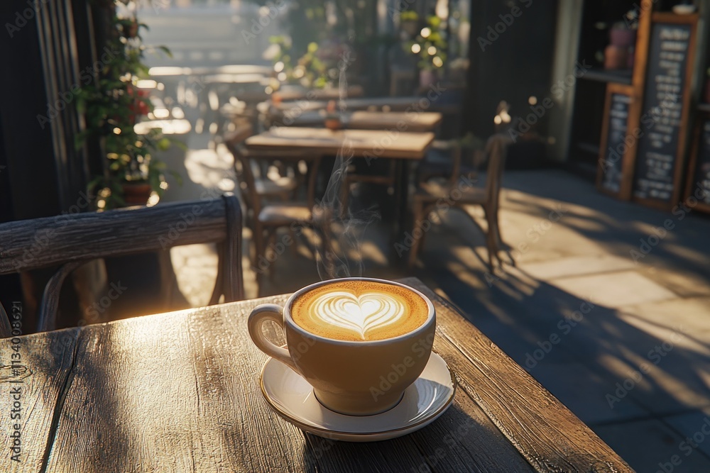 Poster steaming latte art in a cafe cup on wooden table in sunlight.