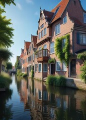 Fototapeta premium Traditional Dutch canal house with overhanging wooden beams and a clear blue summer sky above the water, sunny day, cozy atmosphere