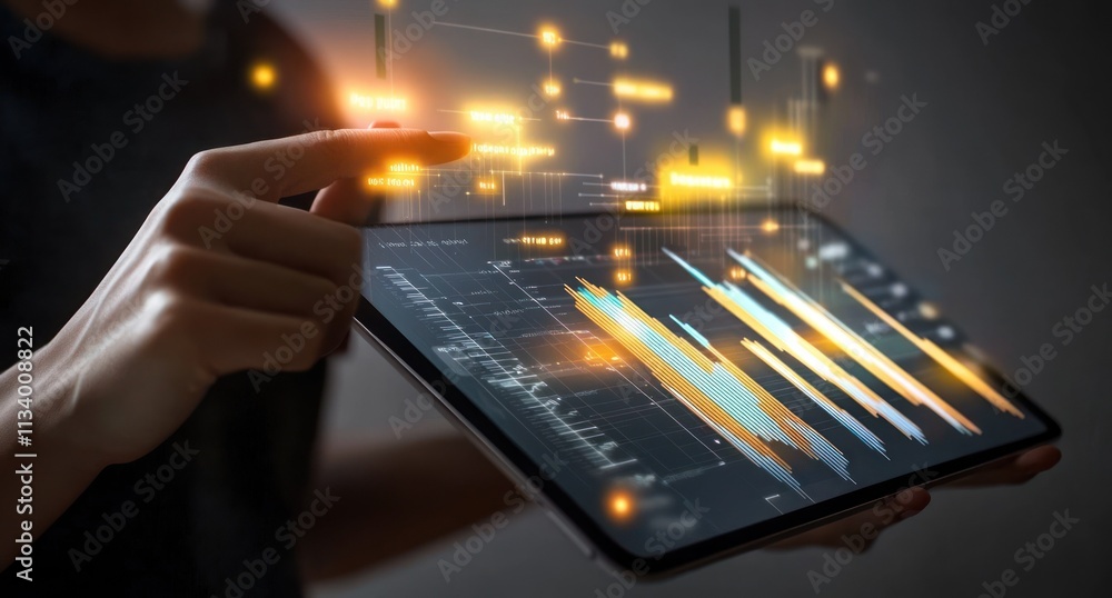 Aufkleber Person using tablet displaying data visualizations and charts.