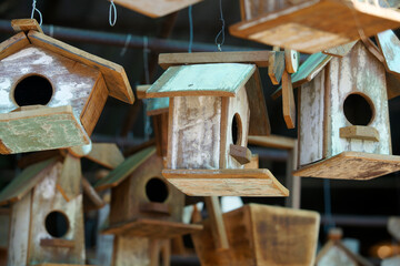 Wooden Birdhouses Hanging Decoratively in Bright Sunlight