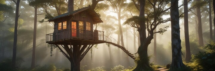 Fototapeta premium Suspended Treehouse cabin in the forest canopy, suspended treehouse, leafy hideaway