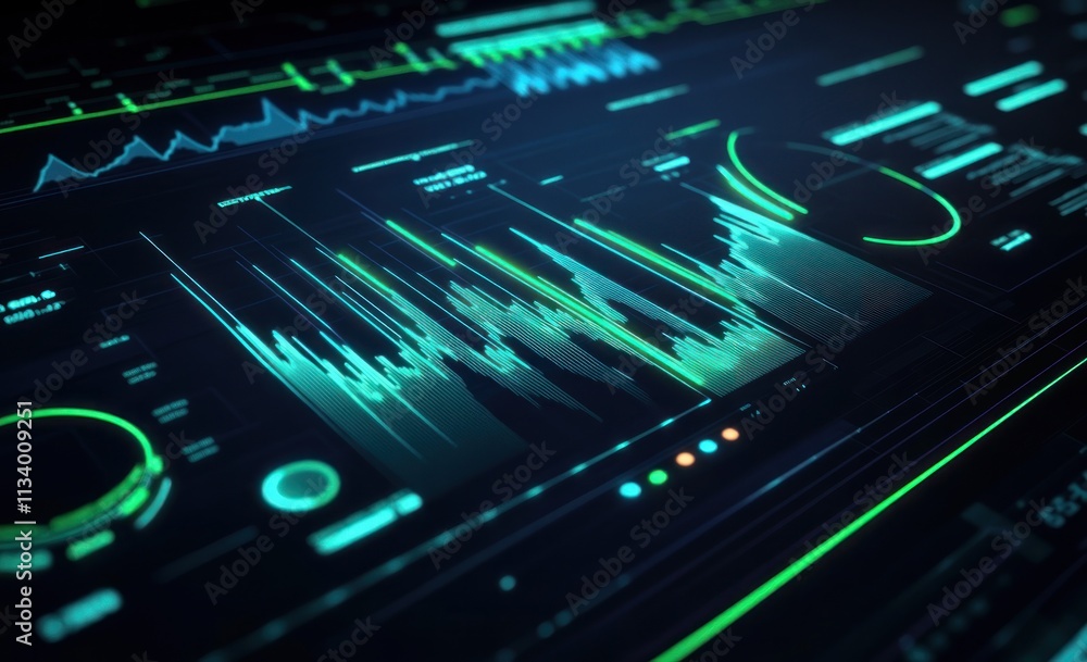 Aufkleber futuristic glowing teal and green data graphs and charts on a dark screen.
