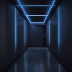 Fototapeta premium Blue LED strip lights lining a darkened corridor, atmospheric conditions, illuminated hallway, night scene