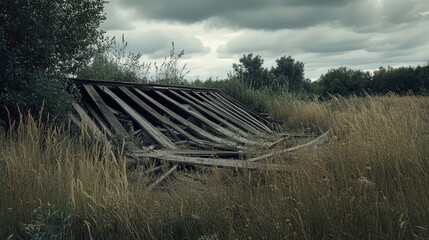 A sunken collapsed roof of an abandoned barn, with timbers and metal sheets forming a heap against the surrounding tall grass