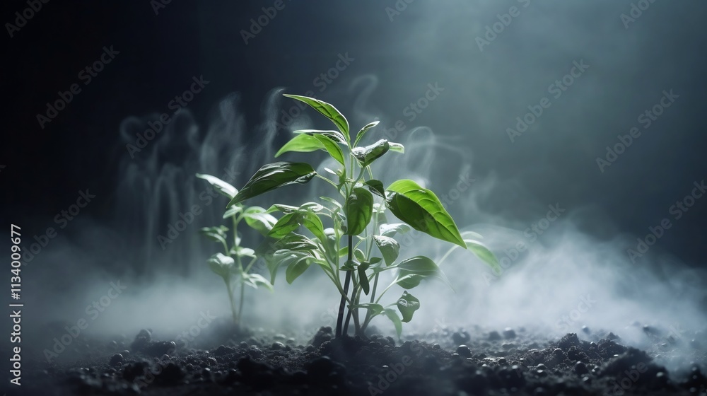 Poster side view of a single plant with mist rising from its leaves demonstrating the natural process of an