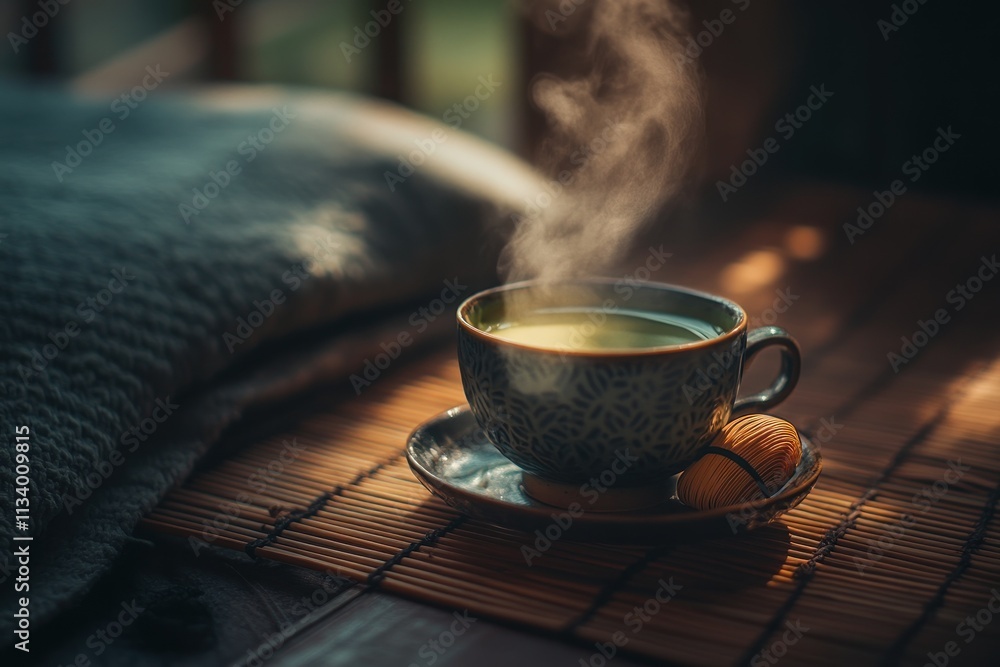 Poster steaming cup of tea on a bamboo mat with a pillow in the background.