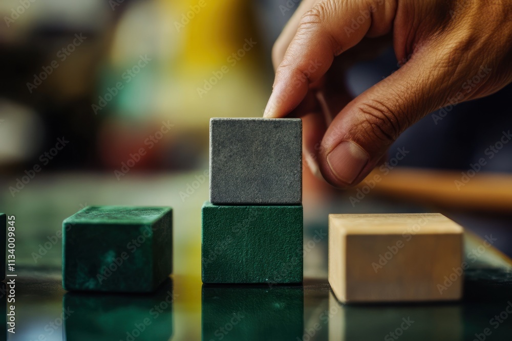 Poster hand placing a gray cube on top of green cubes, representing growth and success.