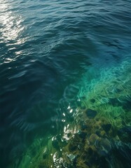 Obraz premium Water surface with shimmering colors of blue and green, sunbeams, reflection, iridescent