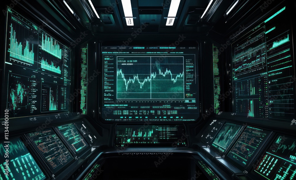 Poster Futuristic trading room with multiple screens displaying financial data and charts.