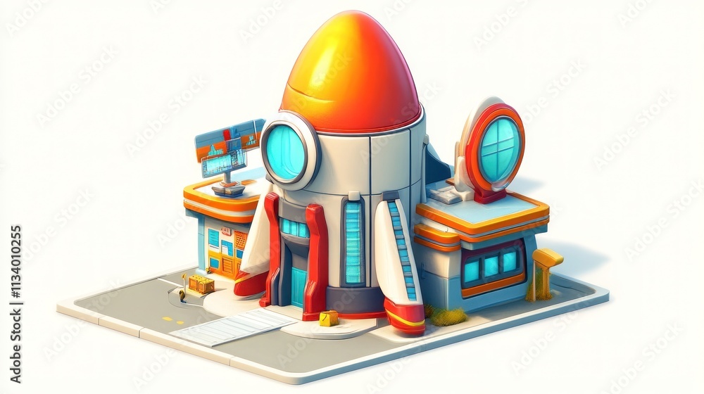 Aufkleber cartoon rocket-shaped building; futuristic architecture; colorful design; playful style; space theme