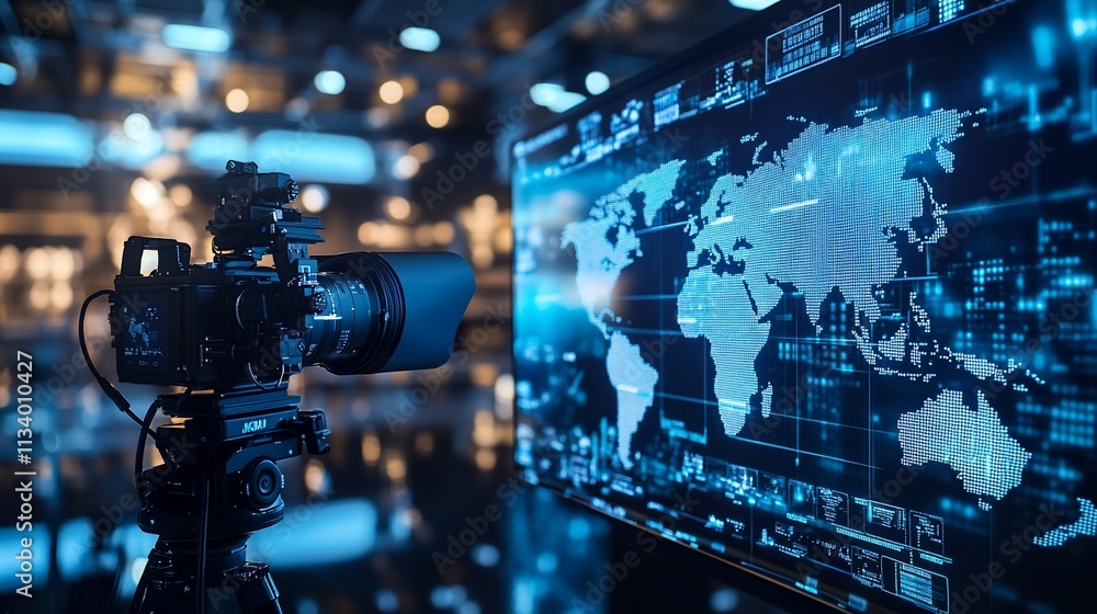 Poster Camera focused on a digital world map in a high-tech studio setting.