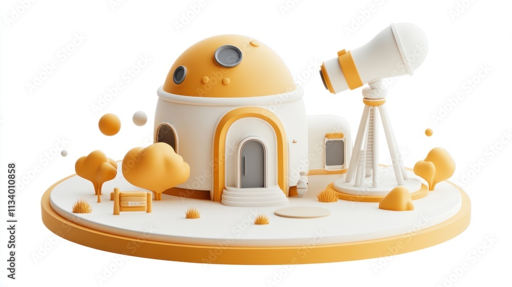 Poster cartoon observatory with telescope, trees, and clouds on a circular base.