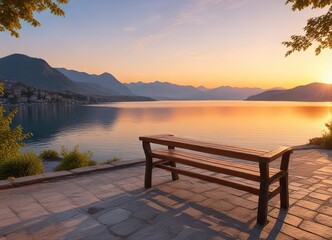 Wooden benches with a view of Lake Maggiore at sunset , lake maggiore, natural beauty