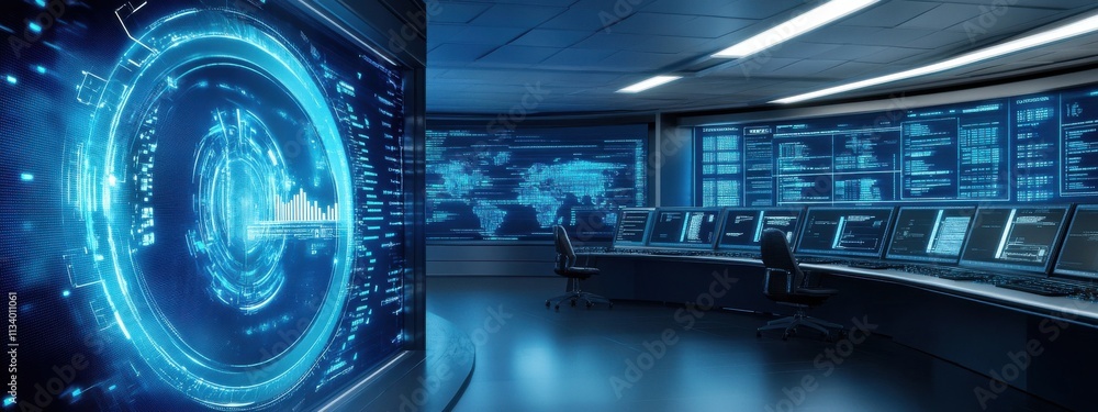 Poster modern control room with futuristic technology and data visualizations featuring multiple screens an
