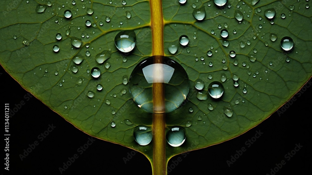 Poster detailed close up image of a single leaf with visible water droplets on its surface highlighting the