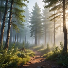 Obraz premium Summer morning misty forest with foggy atmosphere, wildlife, summer, natural