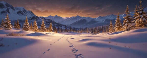 Twinkling golden lights on a glittery snow-covered landscape, holiday cheer, snowy scenery, festive decor