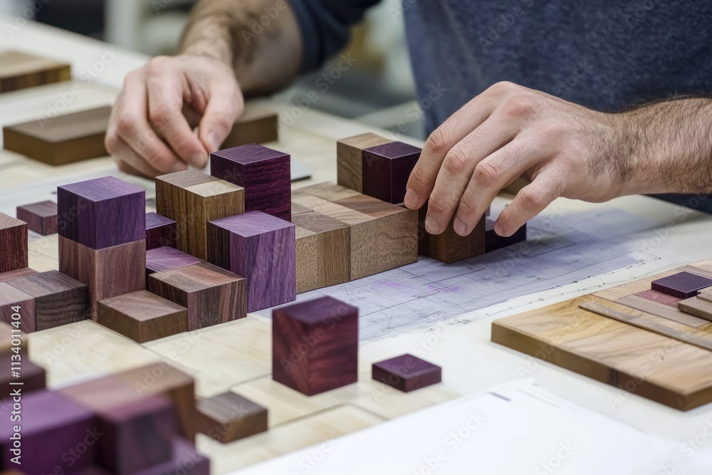 Aufkleber craftsman assembling colorful wooden blocks on a table.