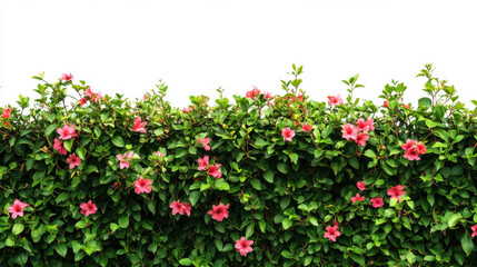 Bush or shrub wall in full bloom, filled with bright, vivid flowers isolated on white background