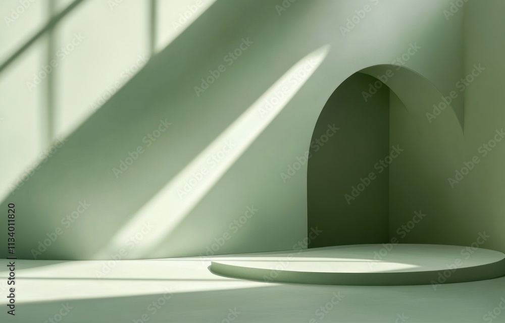 Poster pale green minimalist studio scene with arched niche and sunlight.