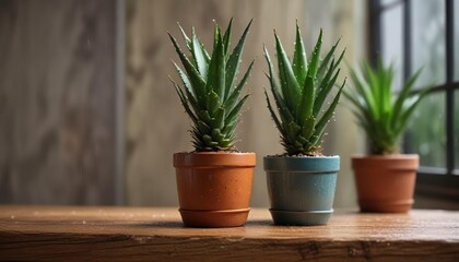 Fototapeta premium A small, terracotta or ceramic aloe vera plant pot on a wooden table or shelf in the rain, indoor plants, wooden furniture