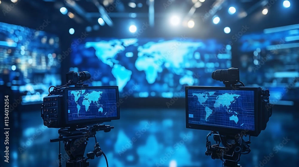 Poster Studio setup with cameras and a digital world map backdrop.