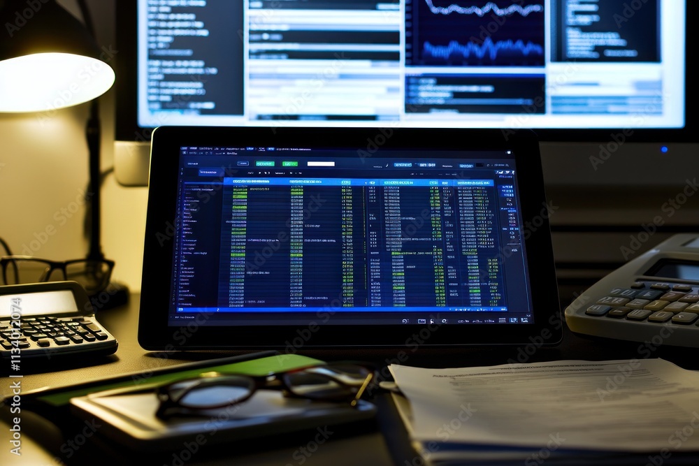 Aufkleber Night work desk with tablet displaying data analysis charts and graphs.