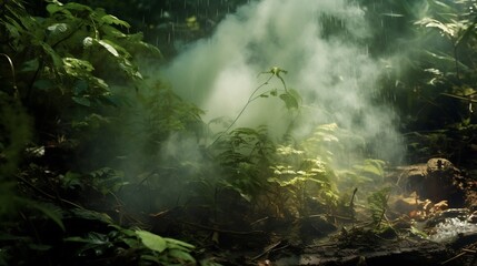 Evaporating water vapors rising from the damp mossy forest floor symbolizing the natural and water cycle processes within a lush green ecosystem