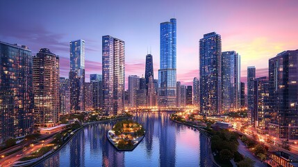 Fototapeta premium Downtown Chicago Cityscape with Skyscrapers and Skyline at Sunset