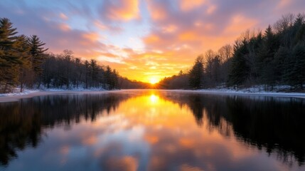 Obraz premium A serene sunset over a calm lake reflects vibrant hues in the water, surrounded by winter trees, This image is perfect for nature themes, relaxation, or outdoor adventure content,