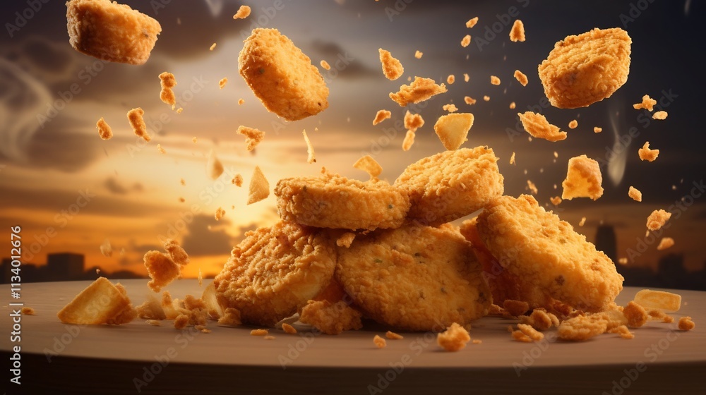 Poster crispy chicken nuggets suspended in the air surrounded by drifting chili flakes and a soft golden gl