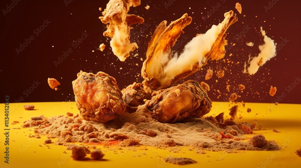 Poster crispy and flavorful chicken wing mid motion captured with breadcrumbs flying creating a dynamic and