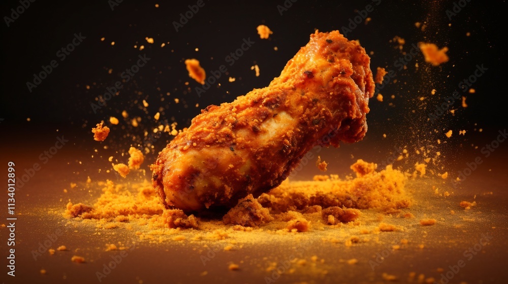 Poster closeup image of a crispy chicken wing mid motion with breadcrumbs flying through the air set agains
