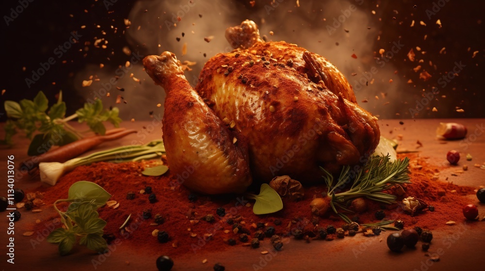 Poster close up of a succulent roasted chicken drumstick surrounded by an assortment of fragrant herbs and 