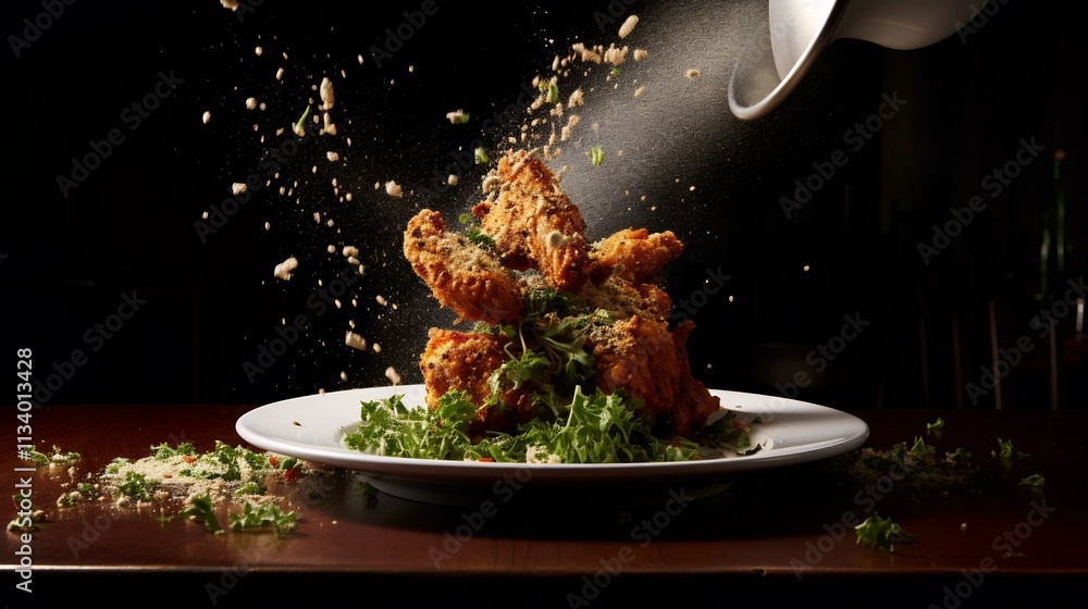 Poster a plate of fried chicken with a single chicken leg seemingly levitating above it surrounded by crumb
